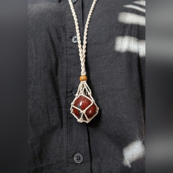 Red Jasper Pendant Necklace with Natural Cord - Boho Stone Jewelry - Picture 3 of 3